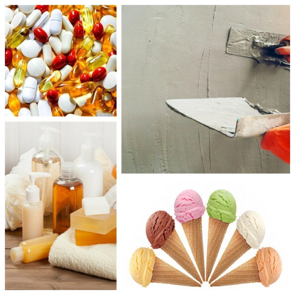 HPMC applications—construction, medicine tablets, foods, and cosmetics clearly labeled