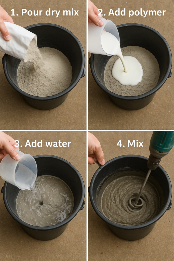 Step-by-step mixing of polymer modified mortar making polymer modified mortar