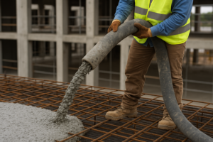 Lightweight concrete being installed in a multi-story building