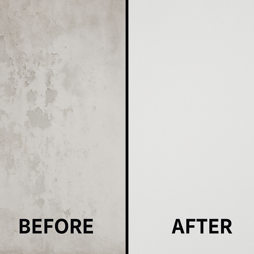Before and after comparison of walls with waterproof putty