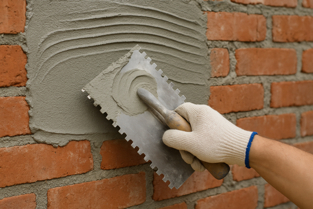 Construction worker applying RDP-modified mortar
