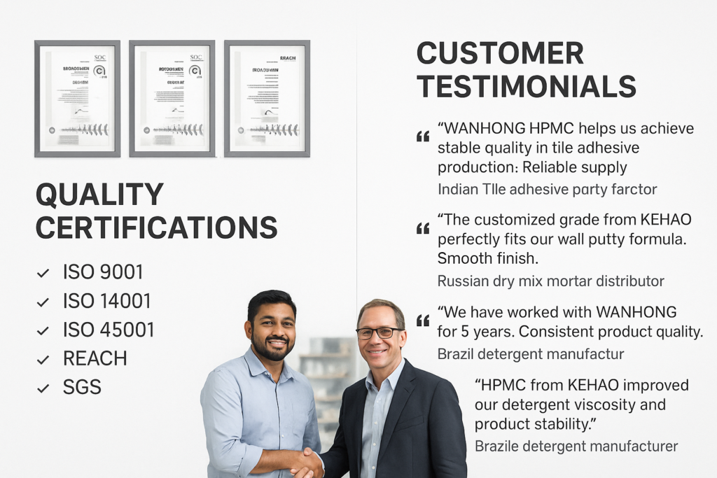 HPMC factory quality certificates and customer testimonials