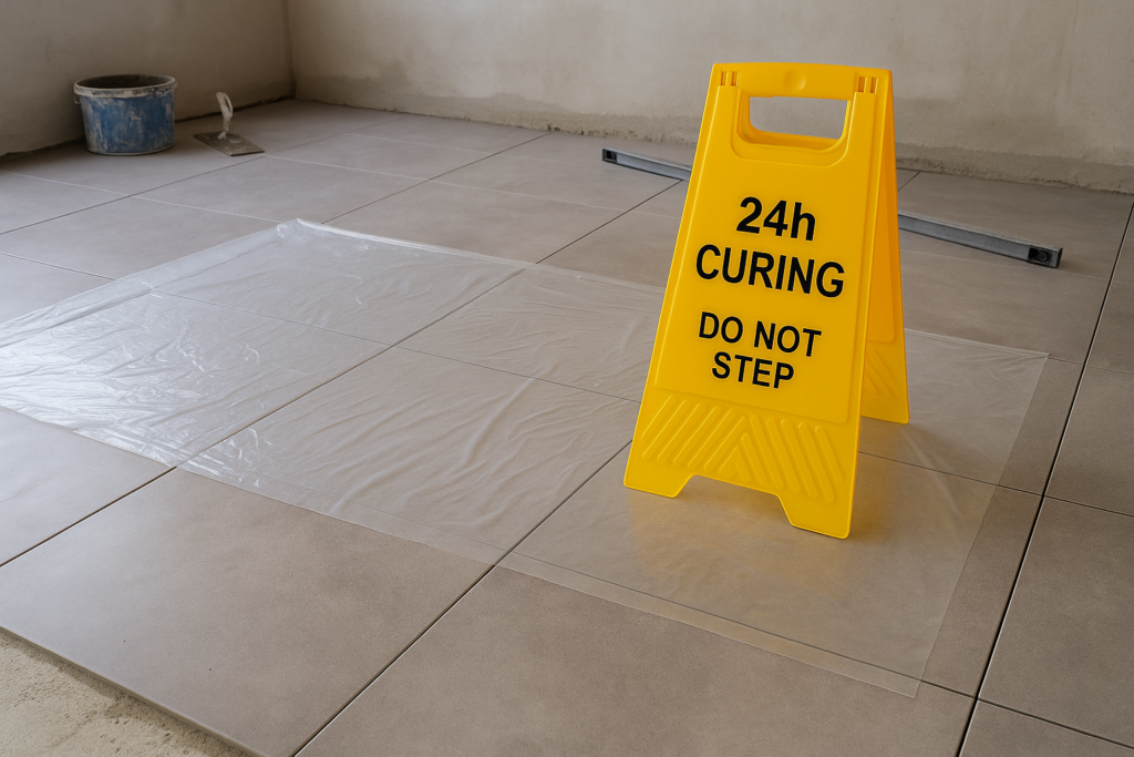 Curing tile adhesive installation