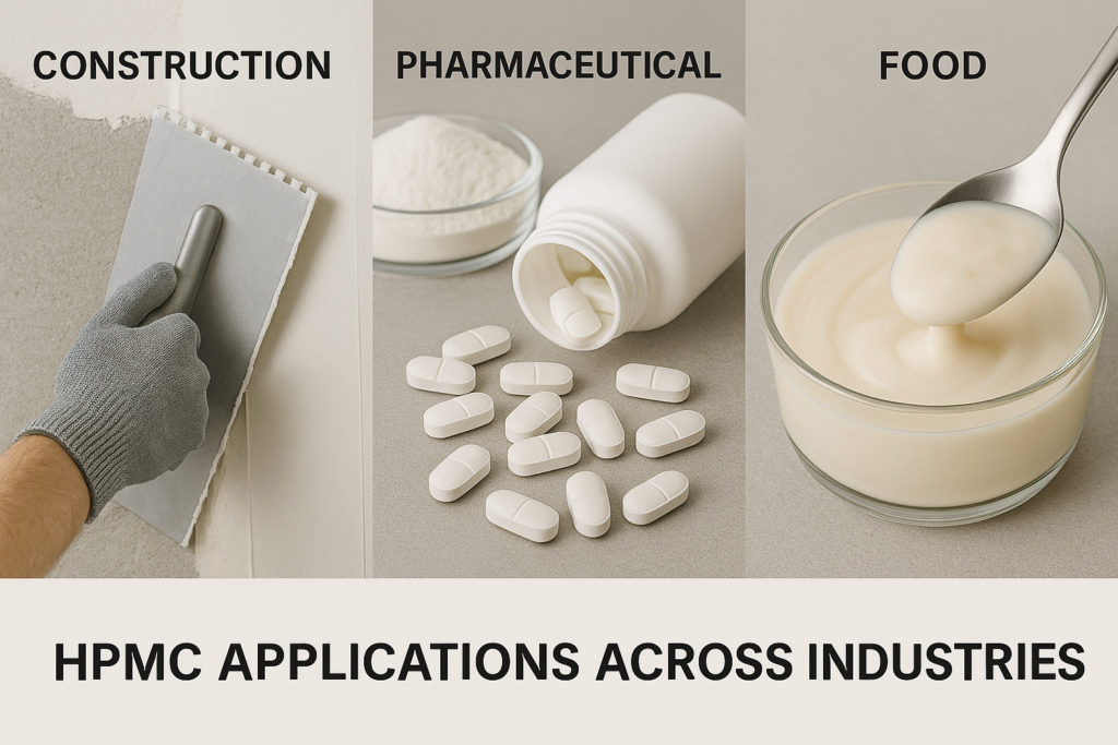 Multiple industry applications of HPMC showing construction, pharmaceutical, and food products