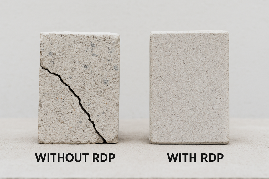 Before and after comparison showing RDP strength enhancement redispersible polymer powder increasing mortar strength