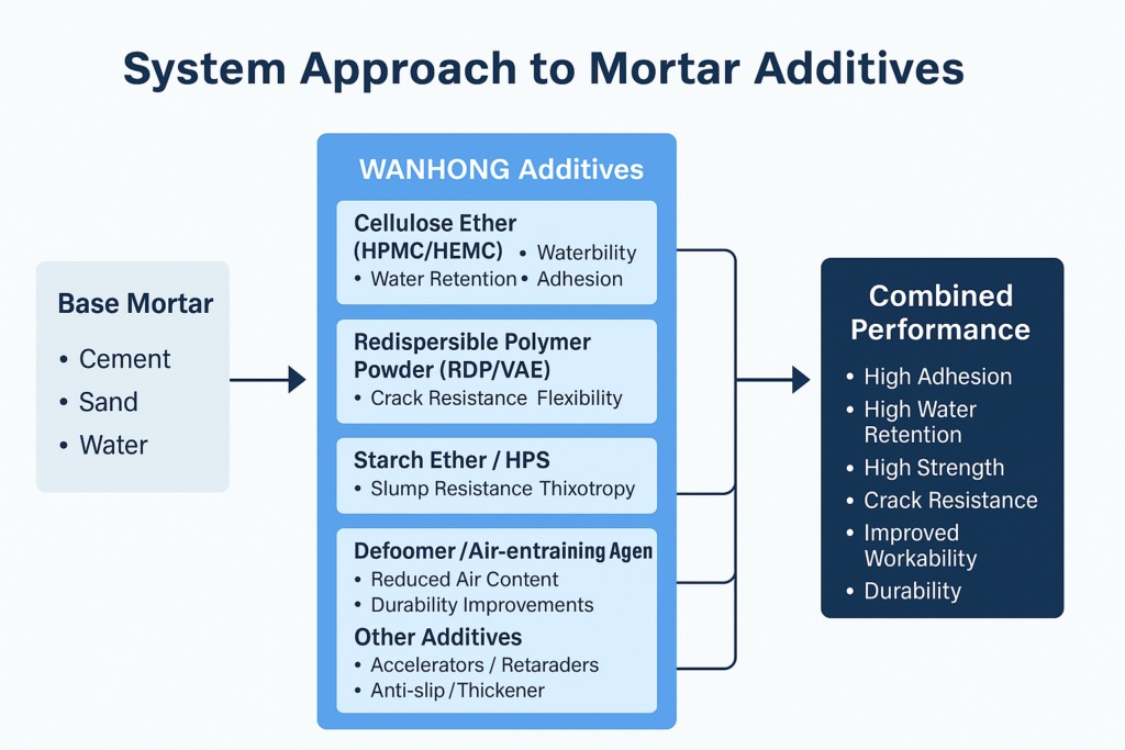 Diagram showing how WANHONG additives work together system approach to mortar additives