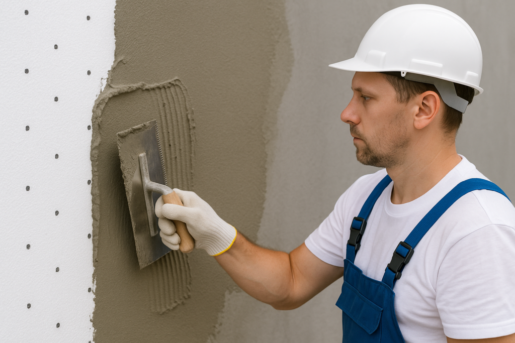 Professional applying cement based plaster on EIFS system EIFS cement based plaster application