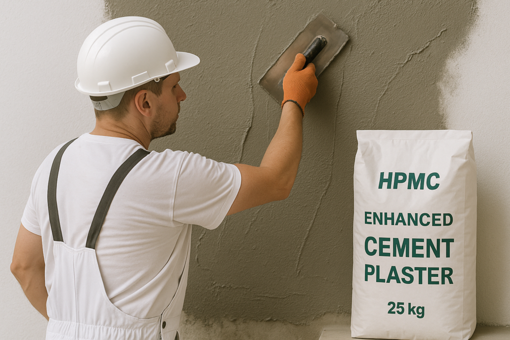 Worker applying HPMC-enhanced cement plaster Cement plaster application with HPMC