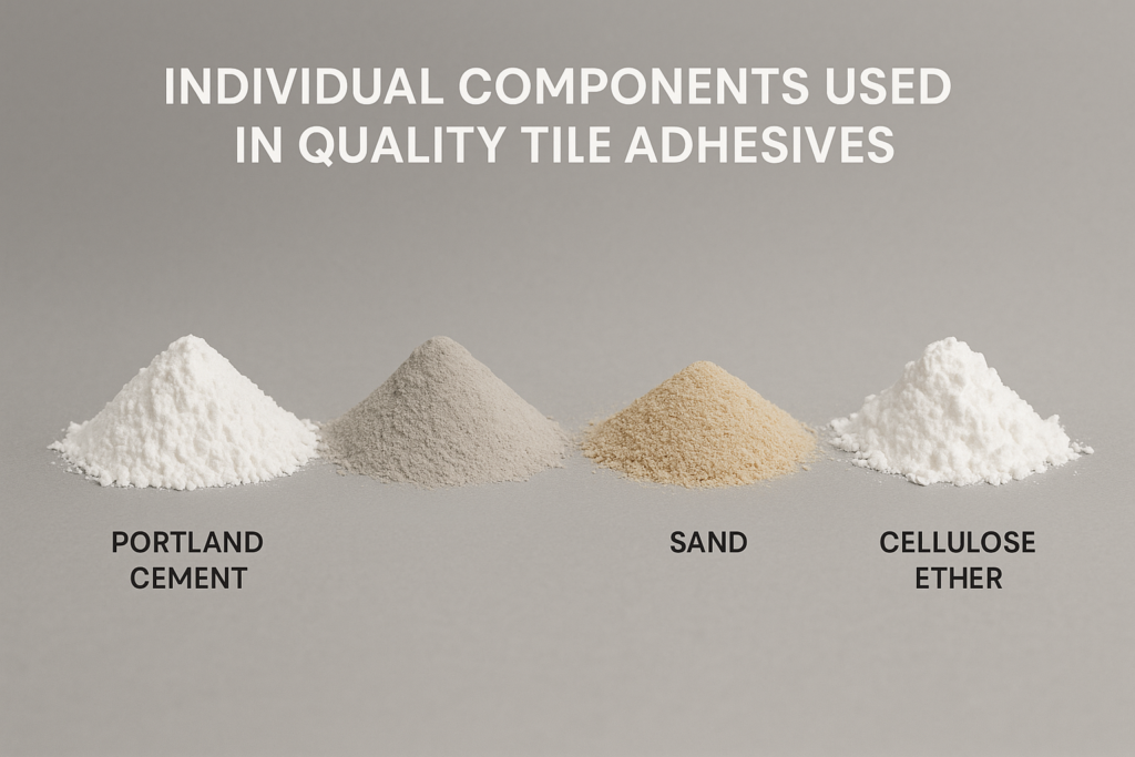 Individual components used in quality tile adhesives tile adhesive components laid out separately