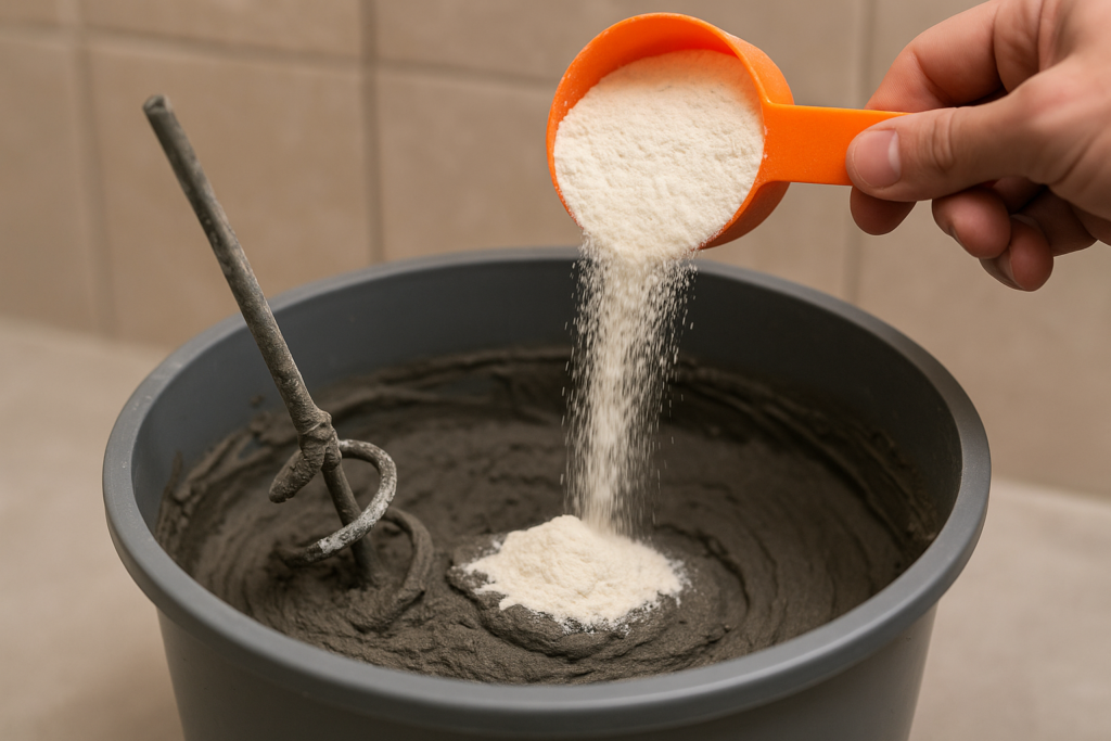 Adding HPMC powder to improve unsanded grout properties HPMC powder being added to grout mixture