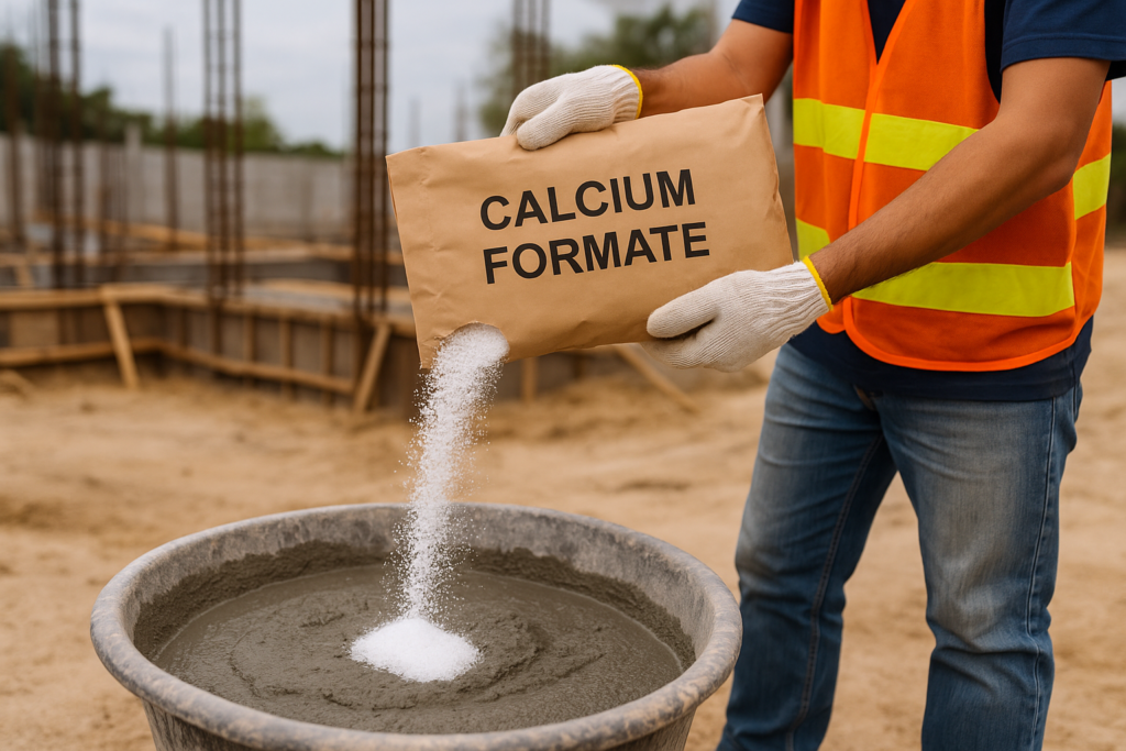 calcium formate cement accelerator in use at construction site