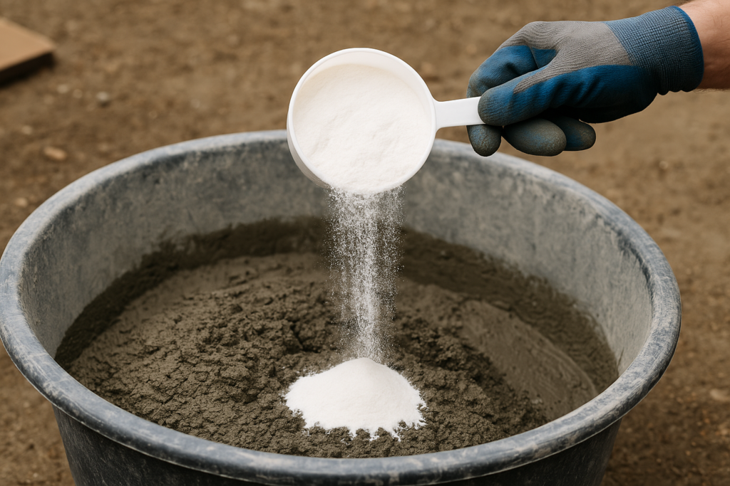 calcium formate powder being added to cement mixture