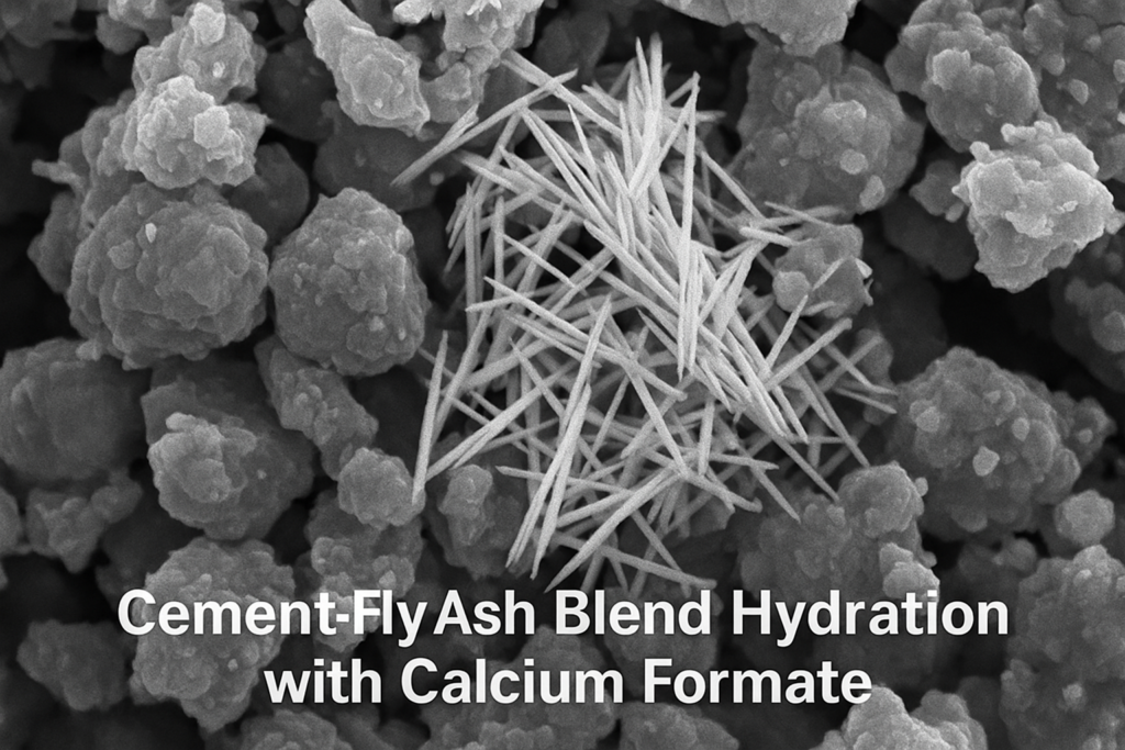 Microscopic view of cement fly ash blend hydration with calcium formate Cement fly ash blend hydration with calcium formate