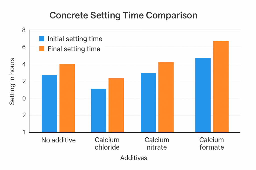 Chart comparing setting times with different calcium-based accelerators Concrete setting time comparison chart