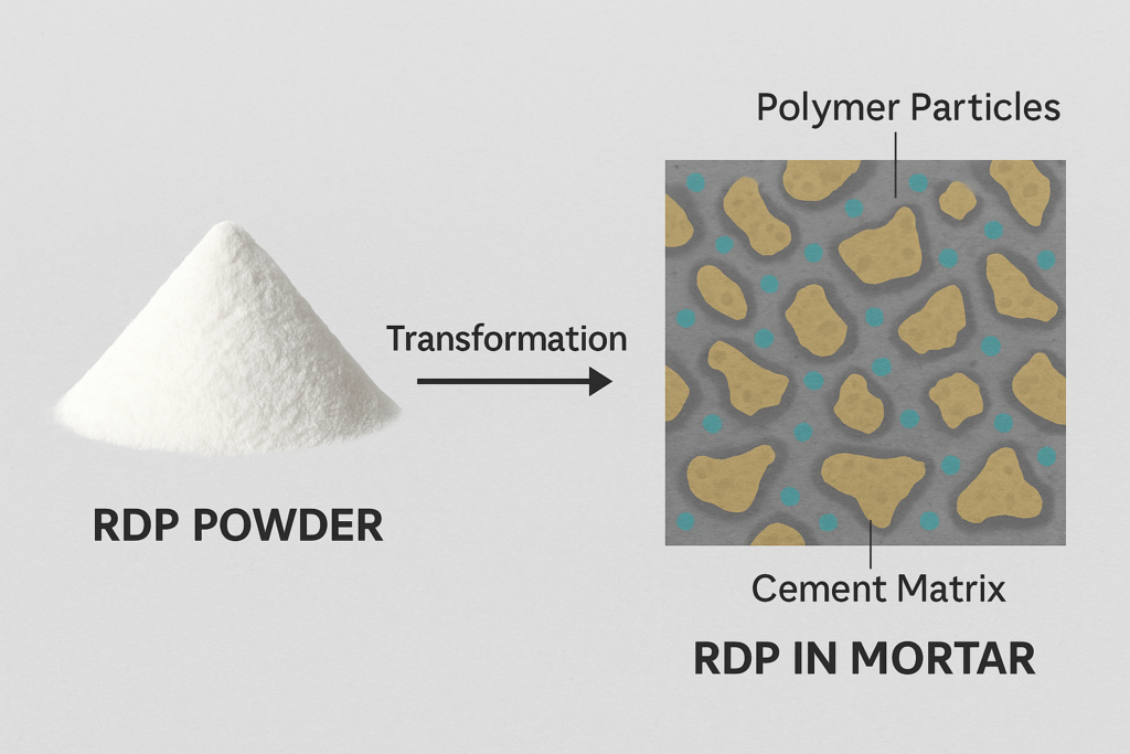Microscopic view of RDP in cement matrix RDP powder and its transformation in mortar