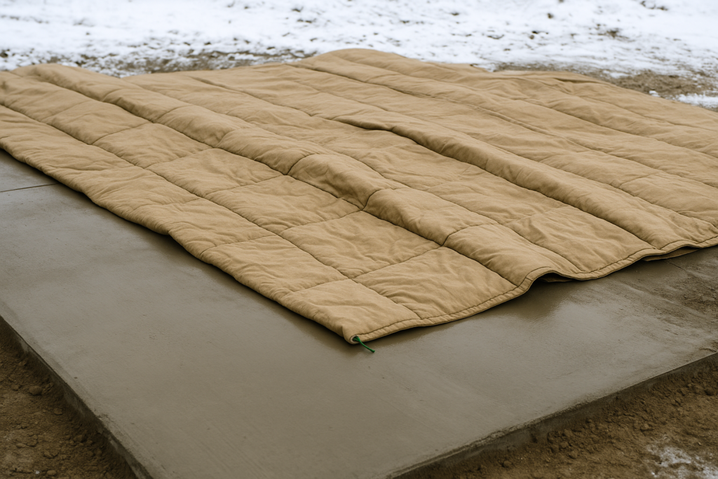 Concreto curándose bajo mantas térmicas en clima frío