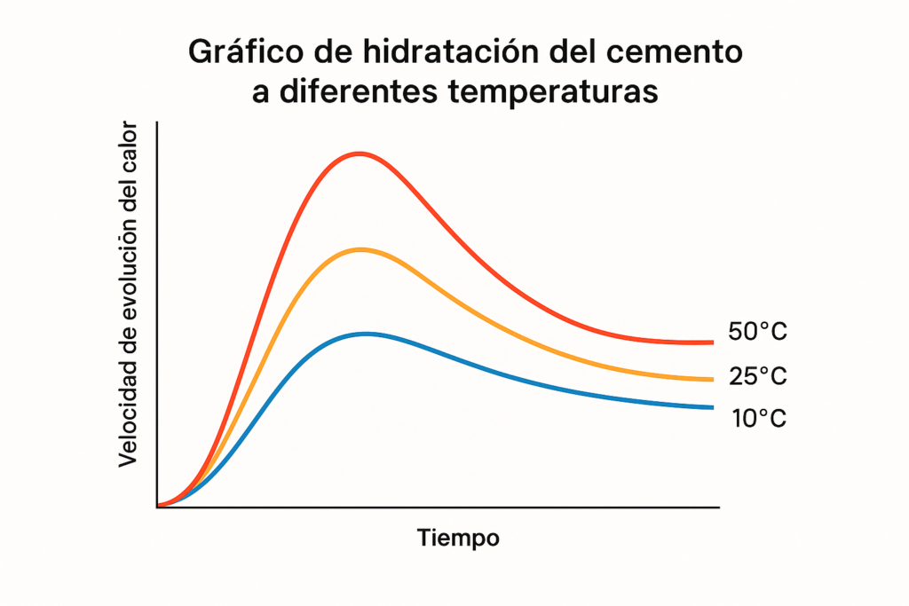 Gráfico de hidratación del cemento a diferentes temperaturas