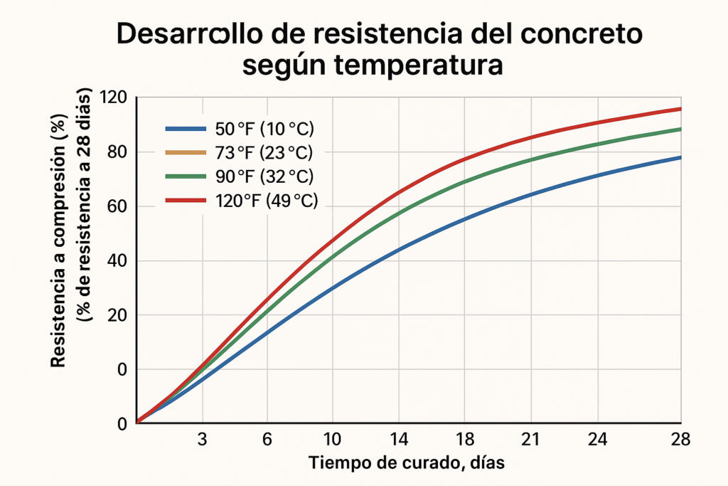 Gráfico de desarrollo de resistencia del concreto según temperatura