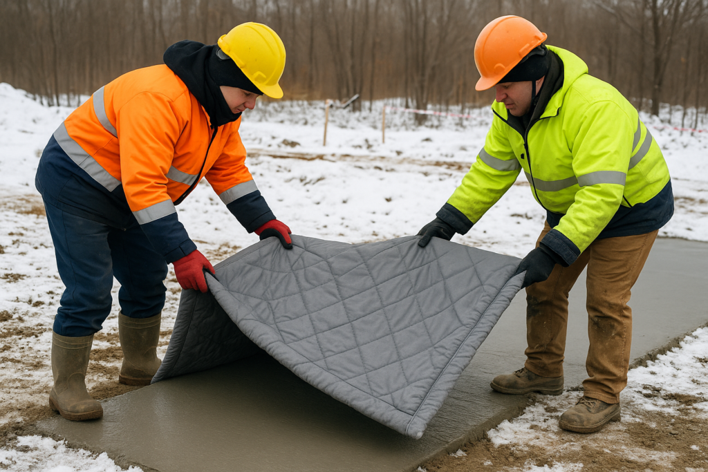 Trabajadores protegiendo concreto recién vertido en invierno