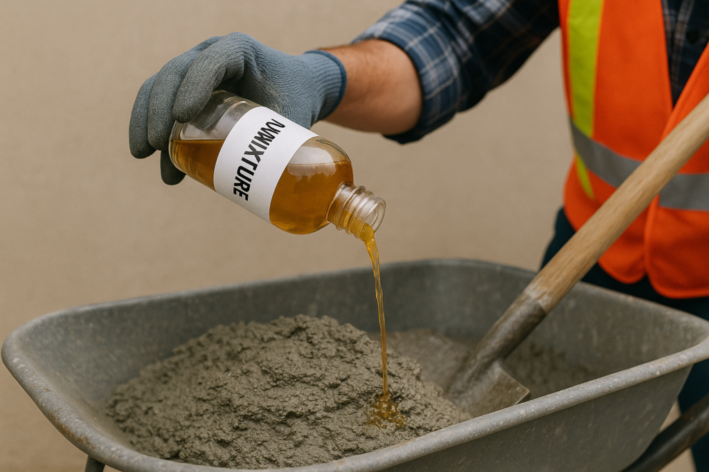 Adding admixture to concrete mix admixture being added to concrete