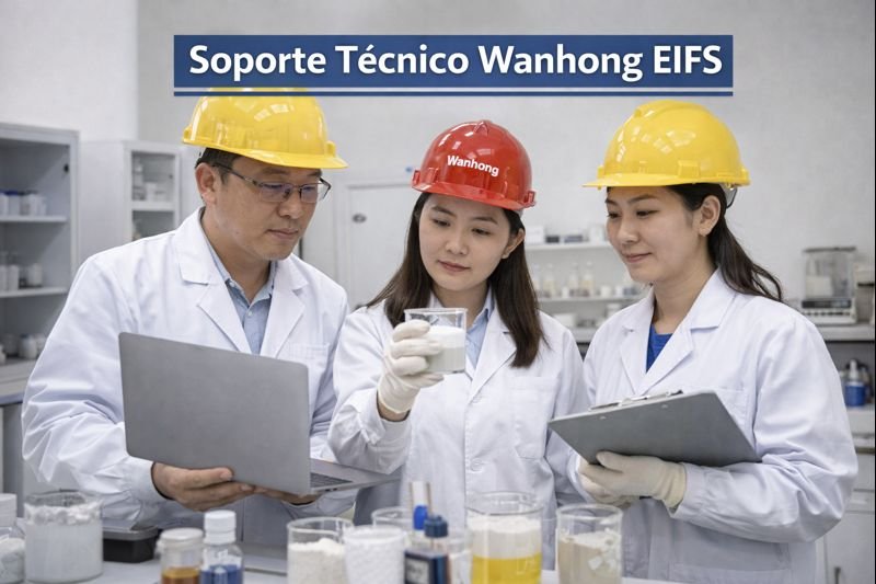 Equipo técnico de Wanhong analizando formulaciones EIFS Soporte técnico Wanhong EIFS