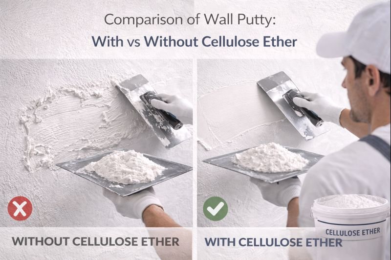 Left: without cellulose ether, Right: with cellulose ether Comparison of wall putty with and without cellulose ether