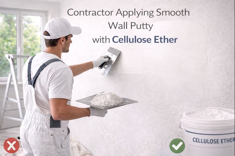 Smooth troweling of wall putty with cellulose ether Contractor applying smooth wall putty