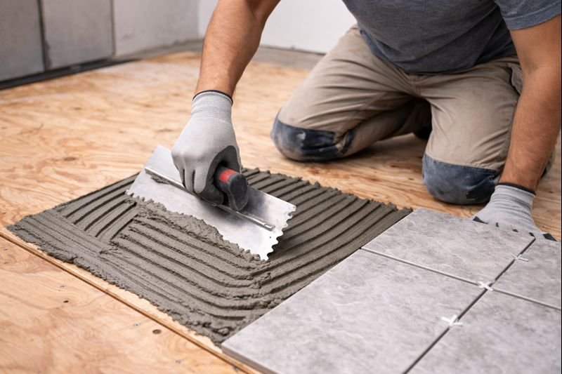 Tiling over plywood with polymer mortar