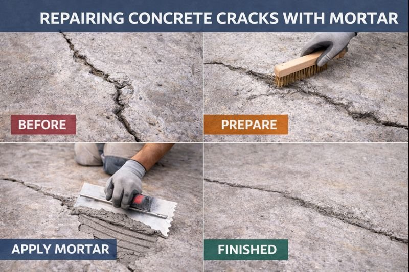 Process of repairing concrete cracks with polymer modified mortar repairing concrete cracks with mortar