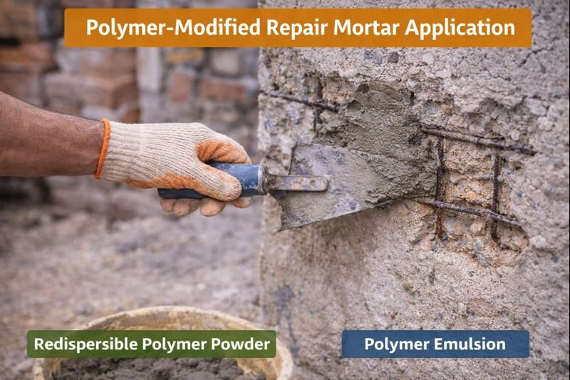 Polymer modified repair mortar being applied to damaged concrete Polymer modified repair mortar application