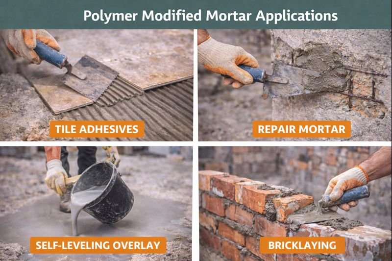 Various applications of polymer modified mortar in construction Polymer modified mortar applications