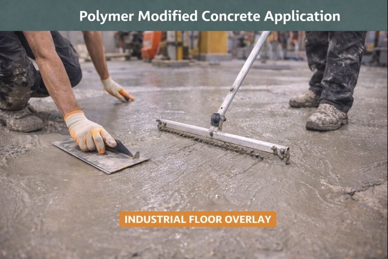 Polymer modified concrete being applied on an industrial floor Polymer modified concrete applications