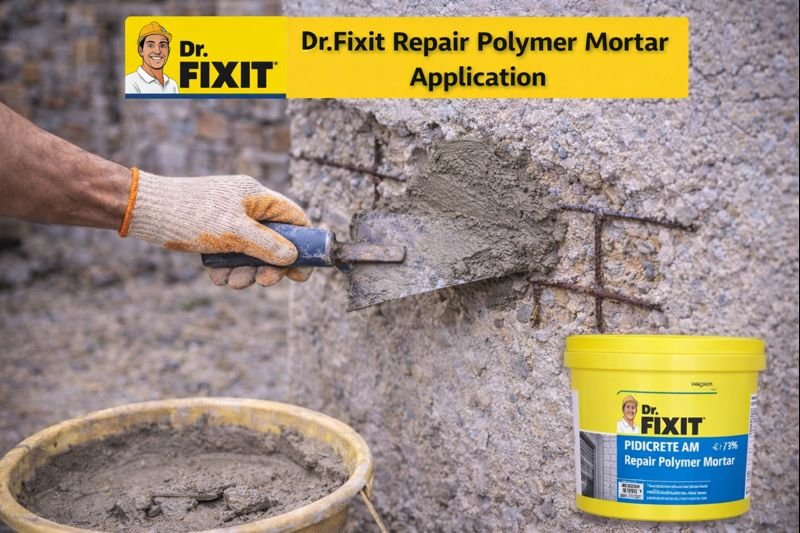 Application of Dr Fixit repair polymer mortar on concrete structure Dr Fixit repair polymer mortar application