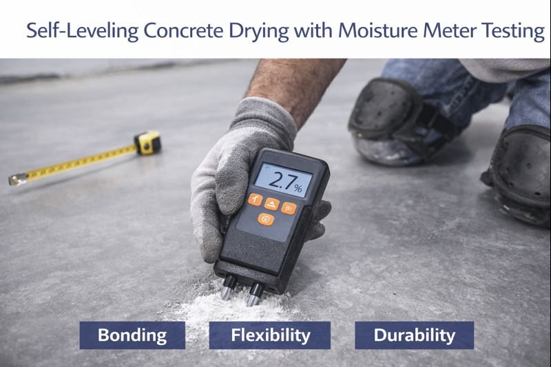 Testing moisture content in self-leveling concrete self-leveling concrete drying with moisture meter testing