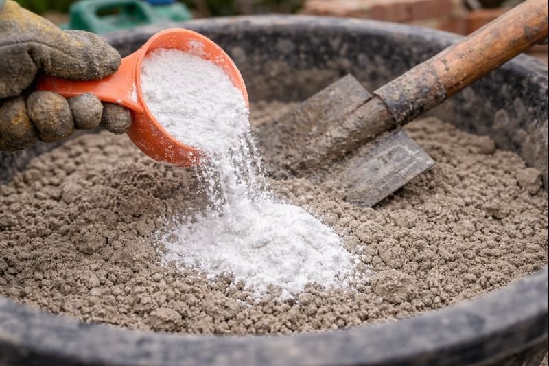 Close-up of hydrophobic powder being added to mortar mix