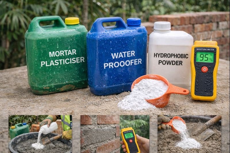 Various mortar additives displayed with application examples