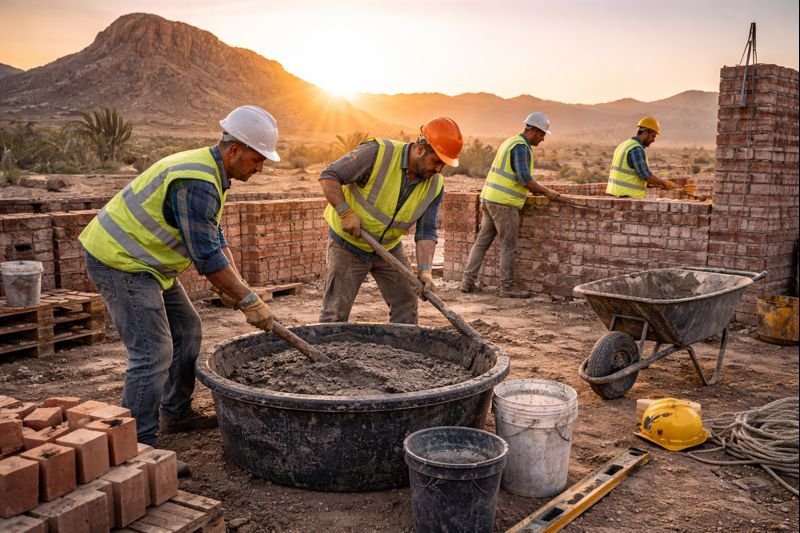 Early morning construction in desert climate Construction team working in early morning hours