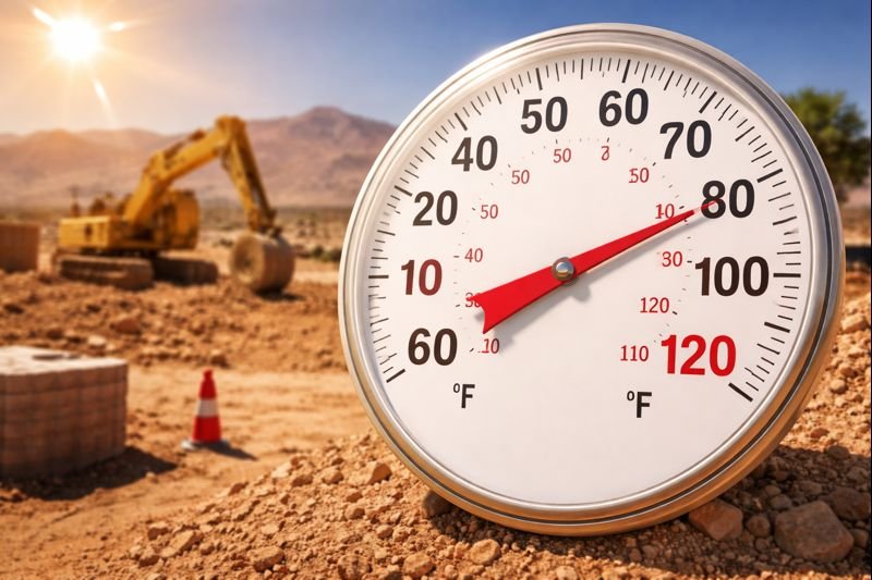 Temperature monitoring on construction site Temperature gauge showing high desert heat