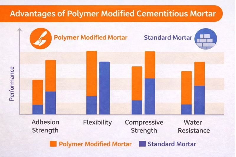 Performance comparison of modified vs standard mortar Advantages of polymer modified cementitious mortar