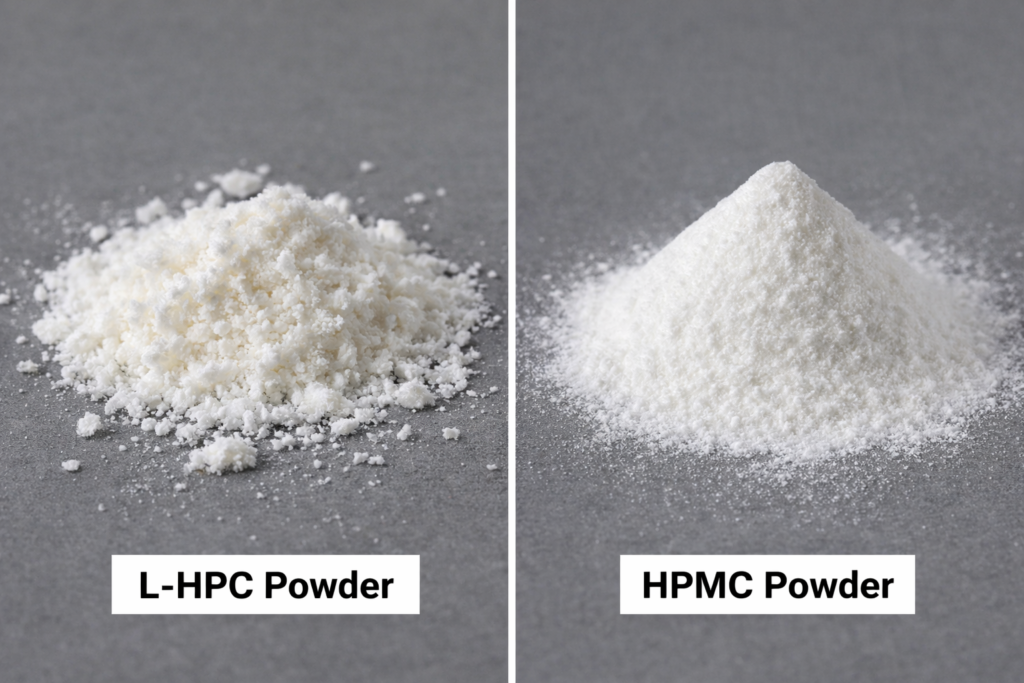 Side-by-side comparison of L-HPC and HPMC powder