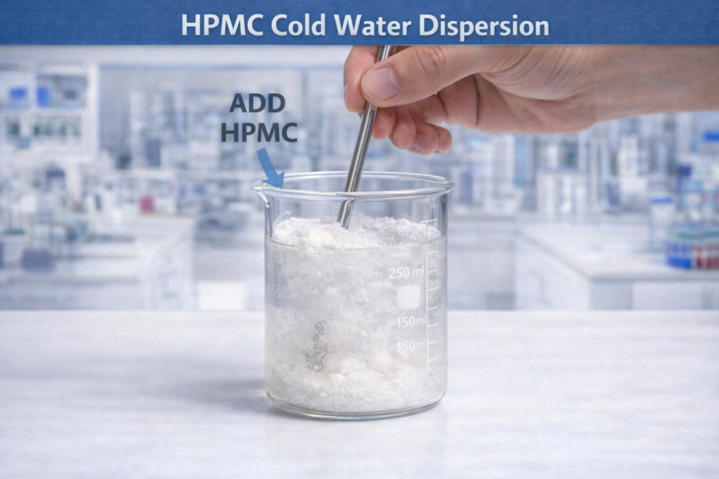 Proper HPMC cold water dispersion technique HPMC powder being dispersed in cold water