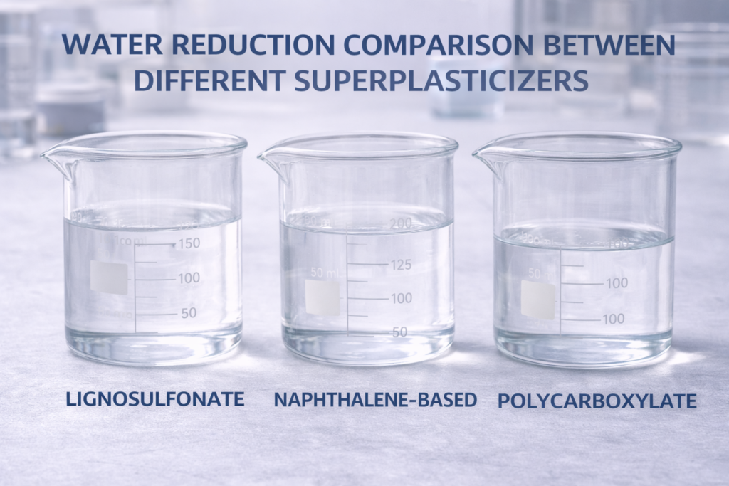 Water Reduction Capability Comparison Water reduction comparison between different superplasticizers