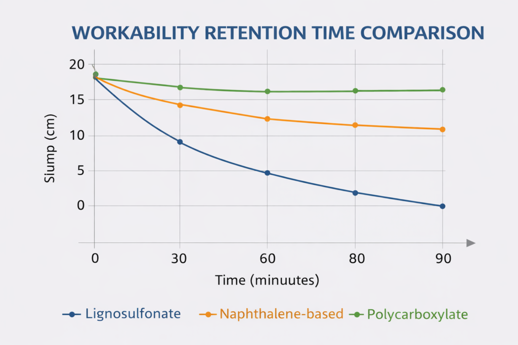 Workability Retention Comparison Workability retention time comparison chart