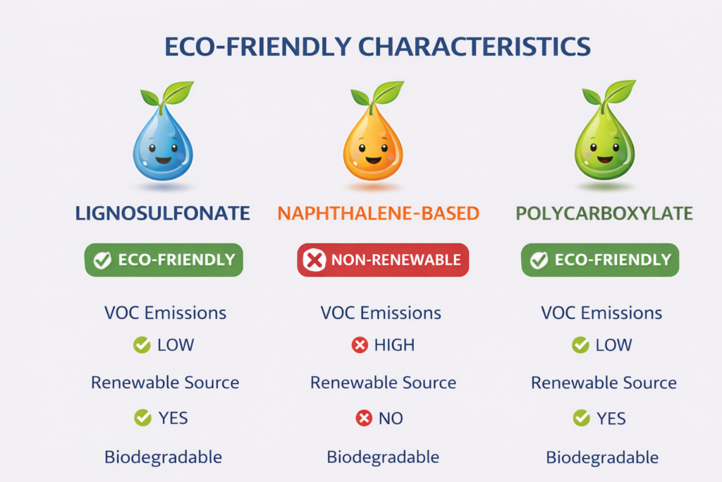 Eco-Friendly Characteristics Environmental impact comparison of different superplasticizers