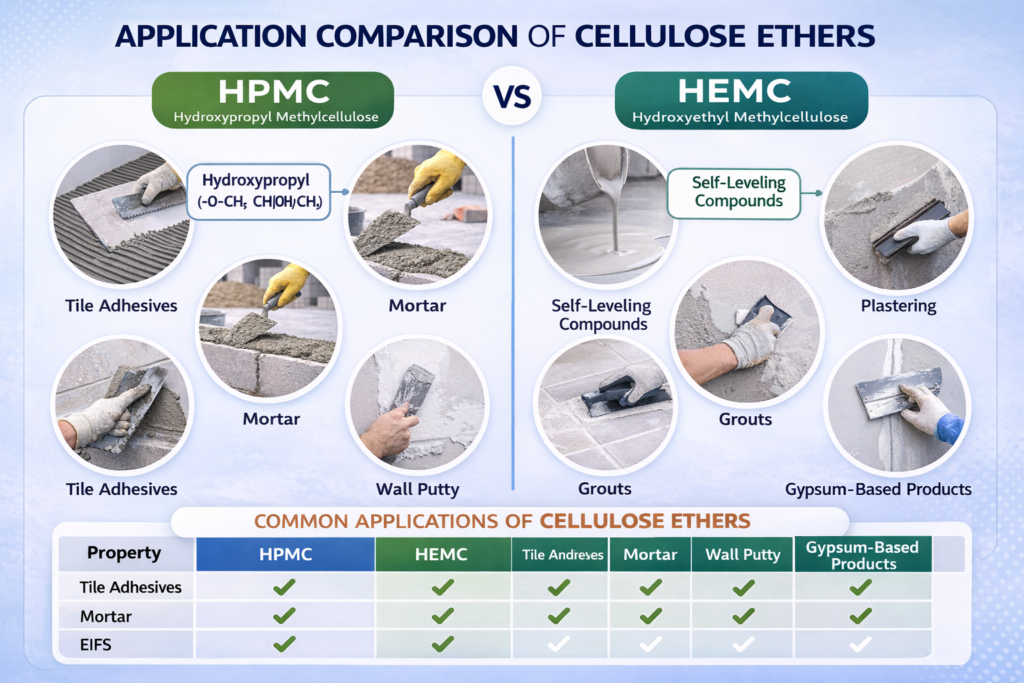 Application methods for HPMC and HEMC in construction Application comparison of cellulose ethers