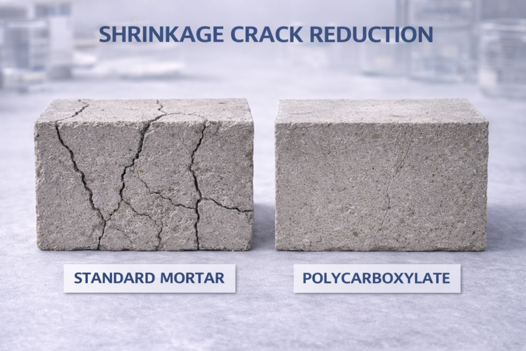 Shrinkage Crack Reduction Comparison of cracking in standard vs. polycarboxylate-enhanced mortar