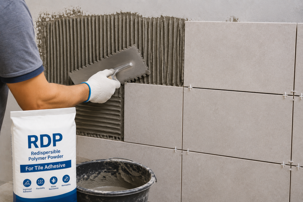 Professional applying RDP-enhanced tile adhesive RDP application in tile installation