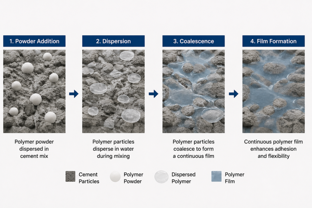 Polymer film formation process in cementitious adhesives Polymer film formation in tile adhesive
