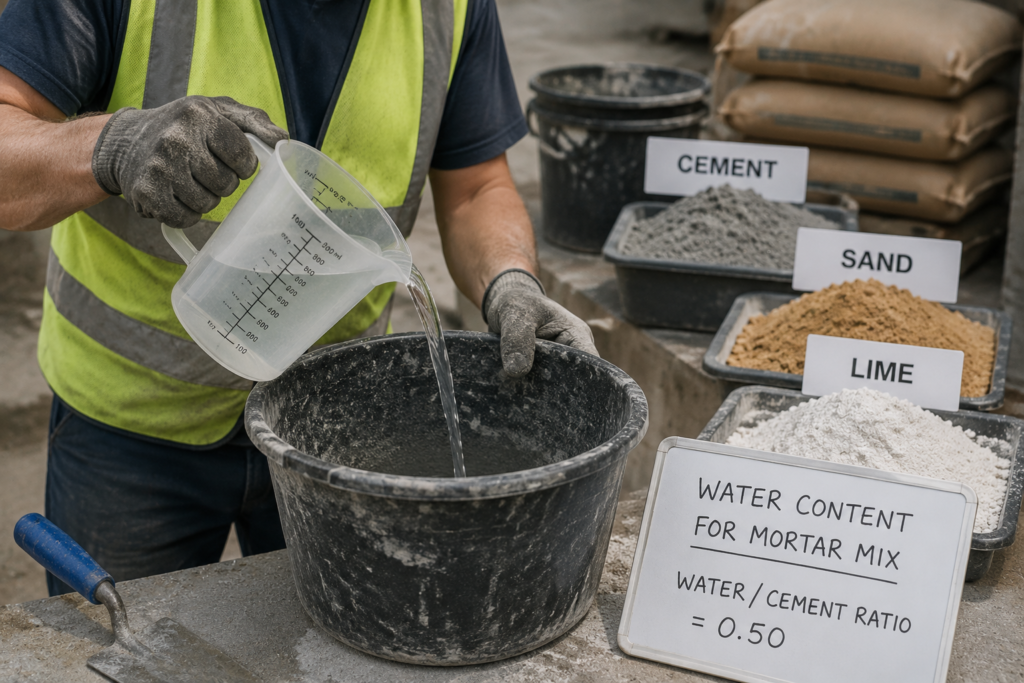 Water Content in Mortar Worker measuring water for a mortar mix