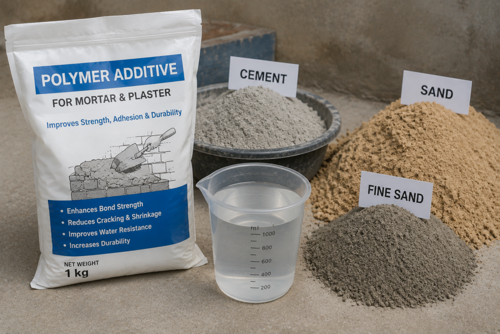 Mortar Additives for Strength A bag of polymer additive next to mortar ingredients